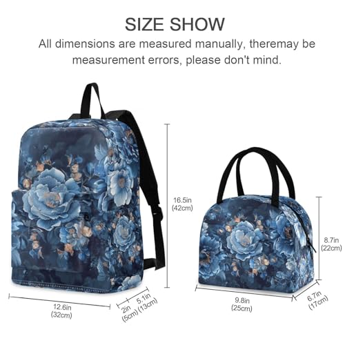 Backpack Lunch Bag Set Luxurious Blue Flower Print, Big Storage Travel Backpacks with Insulated Lunch Box for Office Hiking Picnic2