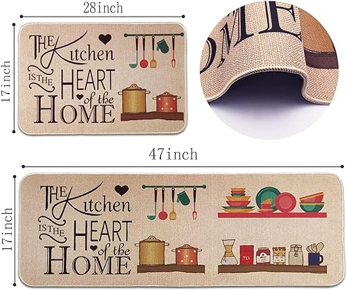 Image of Glaceon Jute Rubber Farmhouse Kitchen Mats for Floor 2 Piece Set Kitchen Rugs and Mats Non Skid Comfort Kitchen Standing Mat for Bedroom Laundry Room (Heart), Rectangular
