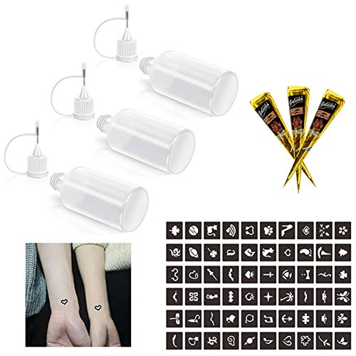 MANGOIT 3PCS Precision Tip Applicator Squeeze Bottles, Multifunctional Application Plastic Bottle for Henna Cone, Tattoo Ink Gel, Body Art Painting, Temporary Tattoo Kit
