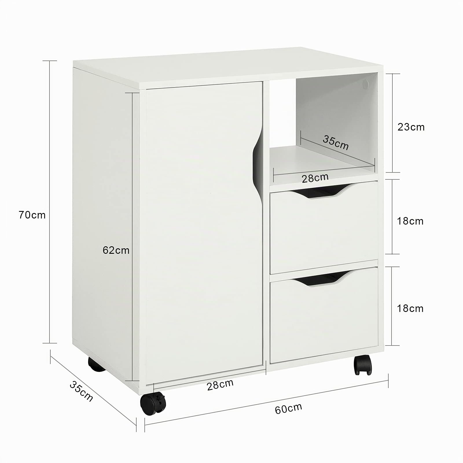 SoBuy Cassettiera da Scrivania Ufficio su Ruote Cassettiera Ufficio con 2 Cassetti, 1 Anta e 1 Ripiano Aperto Carrello Tavolino Comodino Piccolo Comodino Bianco L60xP35xA70cm FBT105-W