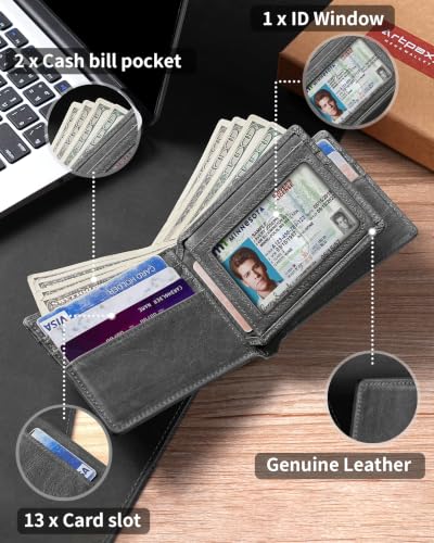 Image of Artpaxy Mens Wallet Bifold Genuine Leather RFID Blocking Wallet for Men with 1 ID Window 13 Card Holders 2 cash pockets 1 Gift Box