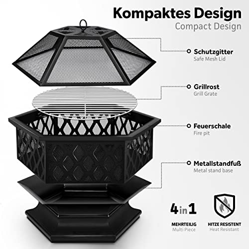 Feuerschale mit Funkenschutz & Grillrost | Feuerstelle Outdoor für den Garten | 4 in 1 BBQ Grill mit Abdeckung, Schürhaken, Zange & Kohlerost Schwarz (Sechskant) – Bild 3