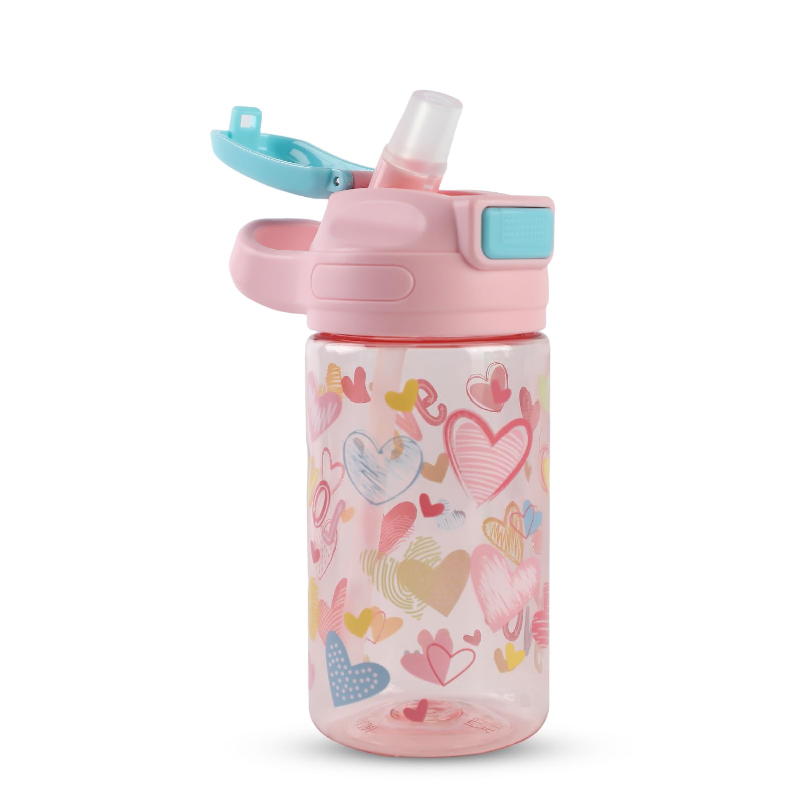 Gourde Enfant, 400ml, Robuste, Incassable, Anti Fuite, Sans BPA, Ouverture par Simple Pression, Facile à Nettoyer, avec Paille, Idéale pour l'École et l'Extérieur (Cœur)