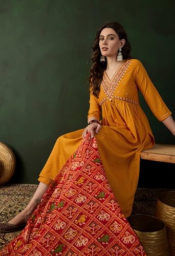 Image of SheWill Women's Mustard American Crepe Zari Sequence Embroidered Alia Cut Kurta with Pant and Dupatta