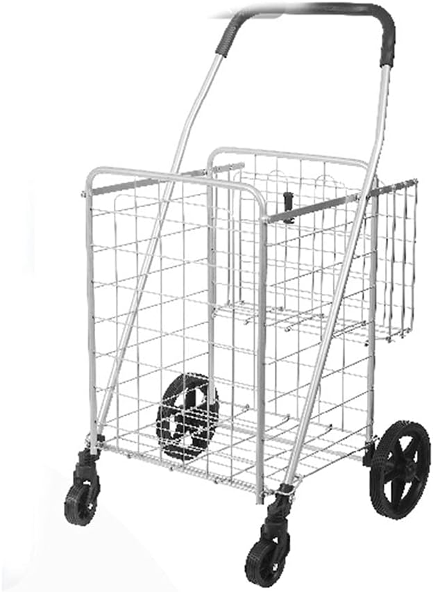YYDS Shopping cart Double Frame Basket Universal Wheel Shopping Trolley Waterproof and Rustproof Foldable Steel Trolley Suitable for Storing Various Items Utility cart (Color : Silver)