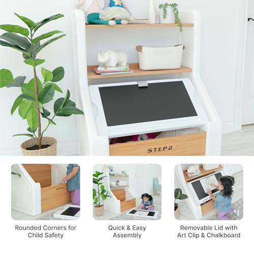 Step2 Harmony Toy Storage Box, Wood and Plastic, Shelves for Books, Toy Storage Bin with Chalkboard Lid and Clip, Easel and Toy Organizer in One, White - image 2