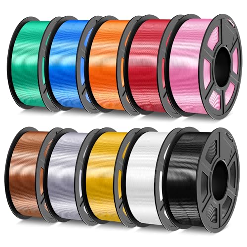 Image of TECBEARS Silk Filament Bundle, 10KG Shiny Silk PLA Filament with Smooth Silky Surface, Pack of 10, Light Gold+Sliver+Black+White+Red Copper+Pink+Red+Blue+Green+Orange