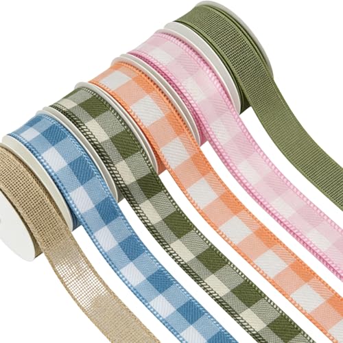 Meseey 1 Inch Plaid & Burlap Wired Ribbon 6 Rolls Total 30 Yards Buffalo Check Ribbon for Gift Wrapping Wreath Making Crafts Floral Arrangements Holiday Decor