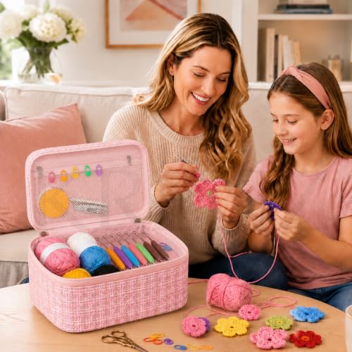 Image of KRENZ 59 Pcs Crochet Kit Set For Beginner Adults Kids Starter Kit Crochet Needles Set Crochet Kit Include 6 Yarn Crochet Hooks Stitch Markers Storage Bag All In One Crochet Hook Set With Crochet Yarn (Pink Gold Chex)