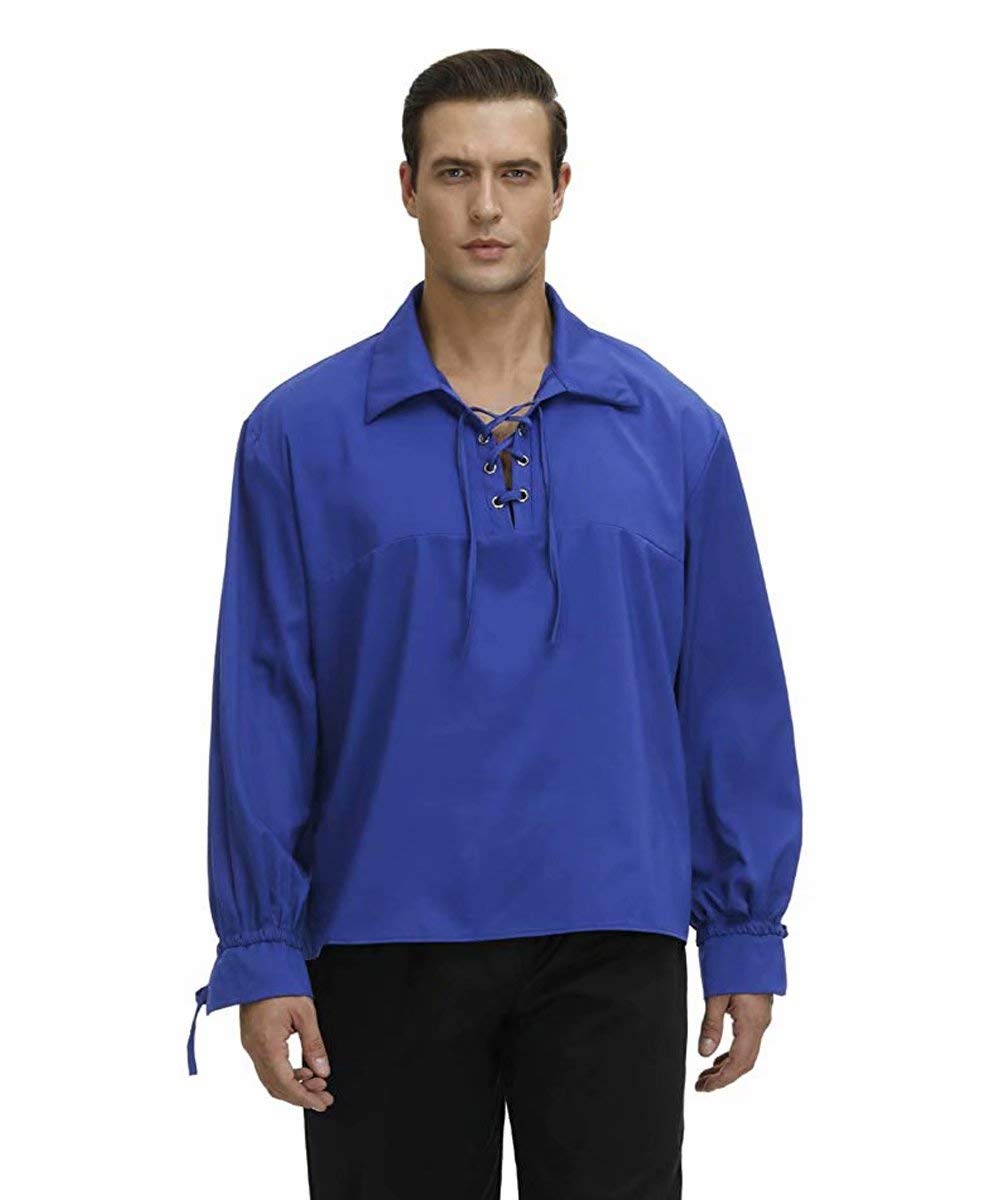 Josamogre Pirate Shirt Men Renaissance Festival Costume Steampunk Shirt Blouse Tops Medieval Viking Cosplay Halloween Blue 2XL