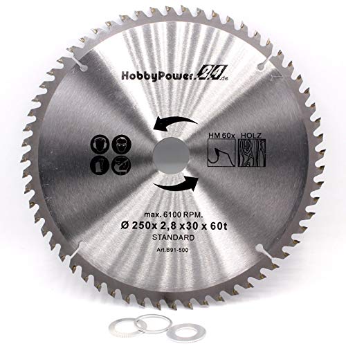 Preisvergleich Produktbild Kreissägeblatt Sägeblatt Hartmetall für Holz Tischkreissäge Kappsäge Gehrungssäge 250x30mm 60 Z Zähne + 3 Reduzierringe auf 24,4mm, 20mm und 16mm