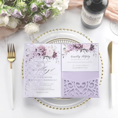 Adasbridal AB-IV-2307-PURPLE Wedding Invitations With Envelopes And Rsvp Cards 50Pcs Purple Laser Cut Invitation Blank Cards And Envelopes Seals Rsvp Cards thumb #5