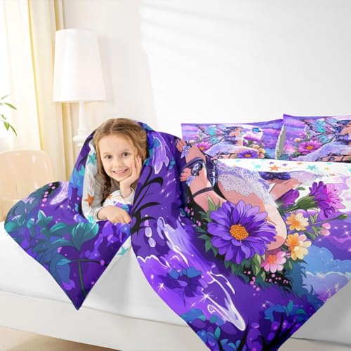 Image of Erosebridal Fairy Girl Bedding Sets Full - Flower Fairytale Comforter Set for Kids Adults Blue Butterfly Floral Decor Duvet Insert Purple Galaxy Moon Quilt