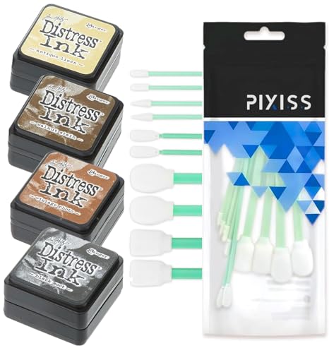 Tim Holtz Distress Oxide Ink Pads and Pixiss Foam Blending Brush Tools - 1x1 Stamp Pads Antique Linen Vintage Photo Walnut Stain Black Soot for Card Making Tools and Scrapbooking Supplies