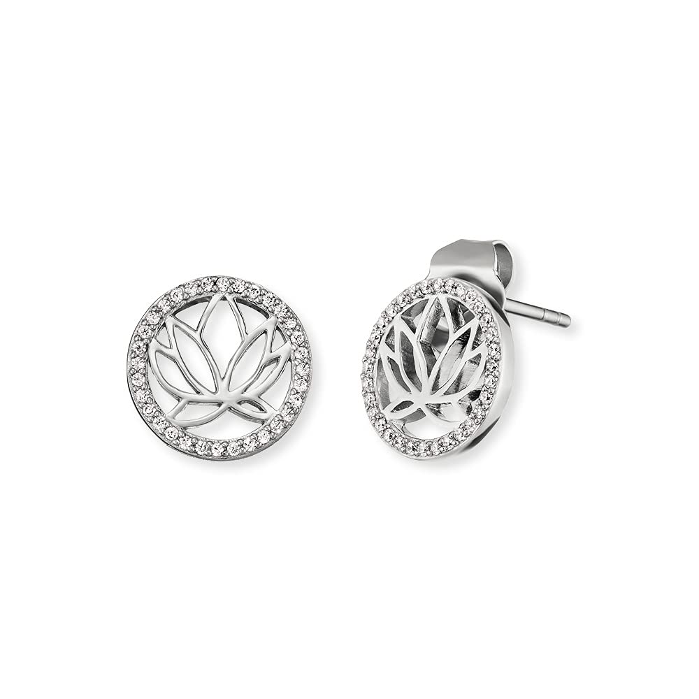 Engelsrufer Damen-Ohrstecker mit Lotusblumen Motiv und 64 weißen Zirkonia Steinen verziert, aus Sterling Silber, Durchmesser: 1,1 cm, ERE-Lotus-ZI-ST