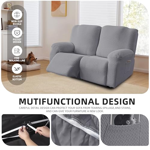 Image of Genina Recliner Loveseat Cover Stretch Couch Covers Sofa slipcover for 2 Seat Reclining Couch Thick Jacquard Furniture Protector (Light Grey)