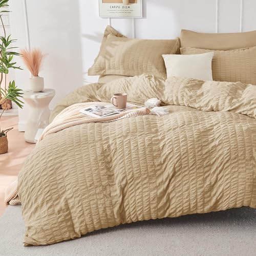 Image of HYMOKEGE Khaki Full Size Comforter Sets Seersucker 7 Pieces, All Season Luxury Bed in a Bag for Bedroom, Bedding Set with Comforter, Sheets, Pillowcases & Shams
