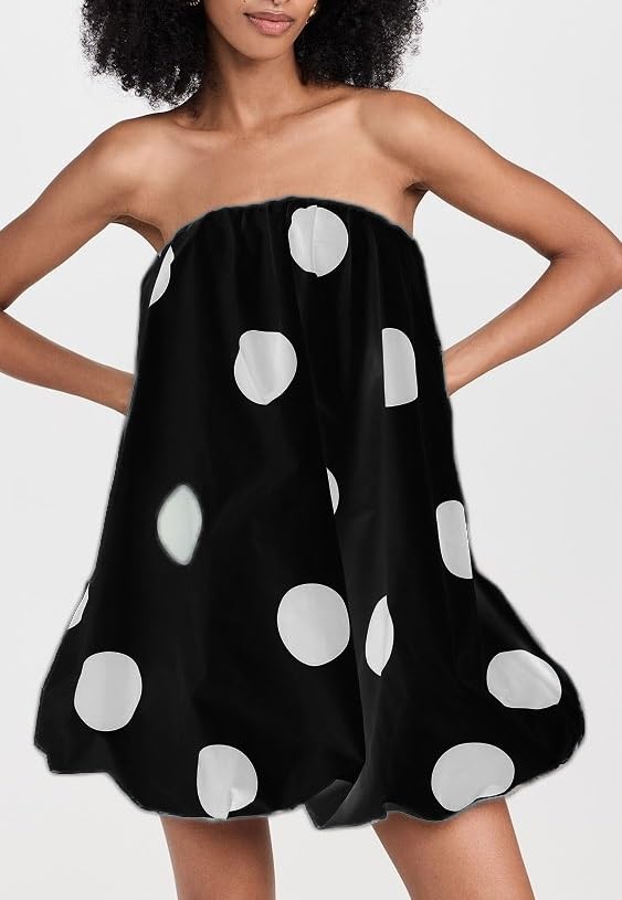 Image of Faretumiya Women Polka Dot Bubble Mini Dress Strapless Flowy Short Tube Dress Off Shoulder Y2k Balloon Dress Party Beach(