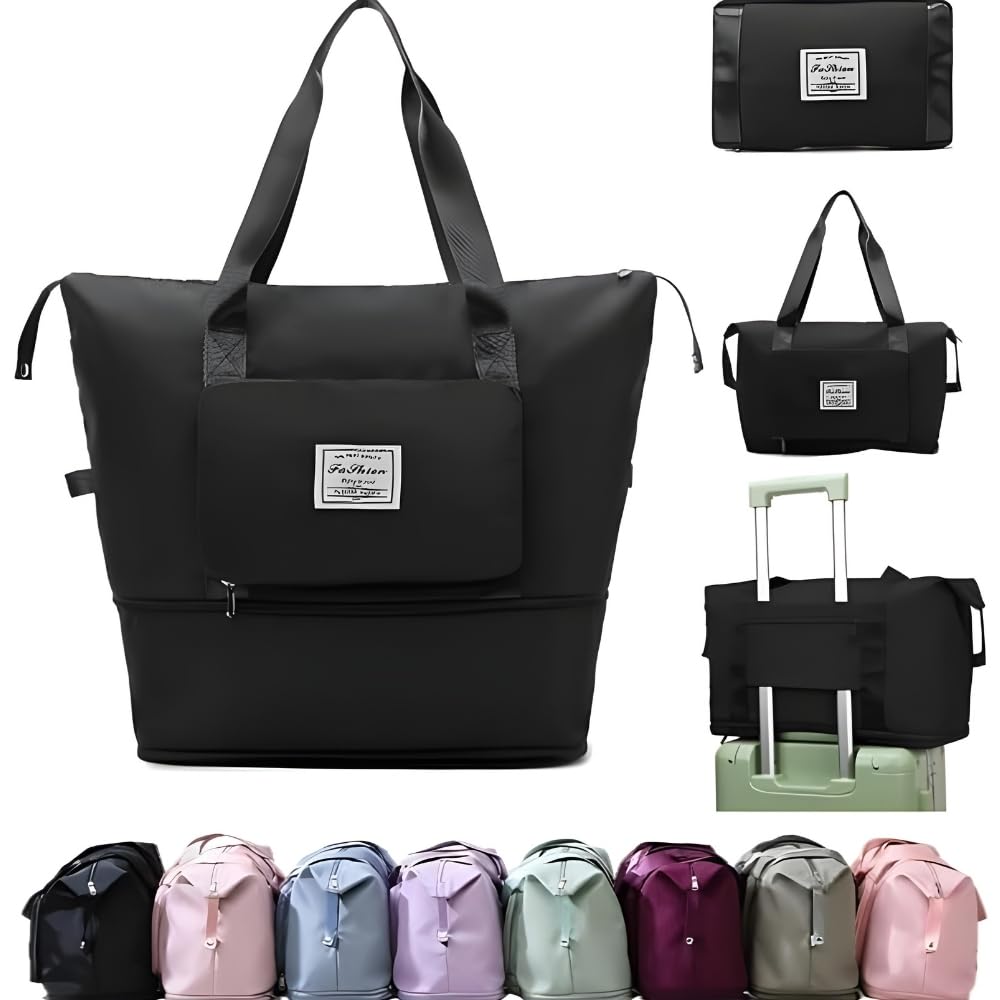 Womens Foldable Travel Duffel Bag, Large Capacity Folding Travel Bag, Travel Lightweight Waterproof Carry Luggage Bag (40 X 23 X 45Cm) (Black)-image-42