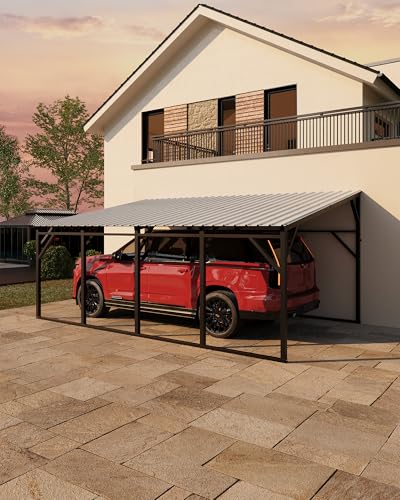 Image of Garvee 12x20 ft Lean-to Metal Carport, Vertical Roof Wall-Mounted Car Port with 11.5 Slope, Heavy-Duty 19-Ga. Steel Frame, 107 inch to 78 inch Height Clearance for SUV & Pickup