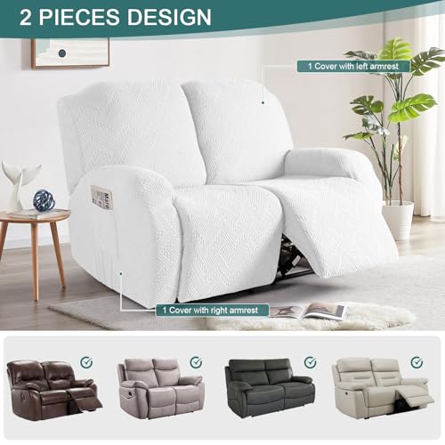 Image of Ruaozz Recliner Loveseat Covers 2 Pieces Recliner Sofa Covers with Pockets Stretch Reclining Couch Slipcover Washable Furniture Protector with Elastic Bottom (2 Seater, Ivory)