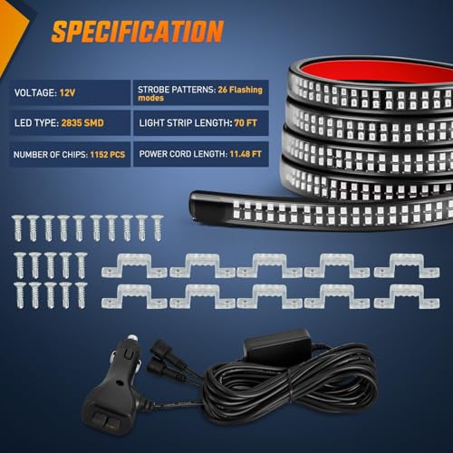 Nilight 2PCS 70 Inch Emergency Strobe Light Strip 1125 LED Running Board Lights Red Flexible Side Flashing Warning Caution Safety Waterproof for Truck Construction Vehicles Pickup by Nilight - Image 4