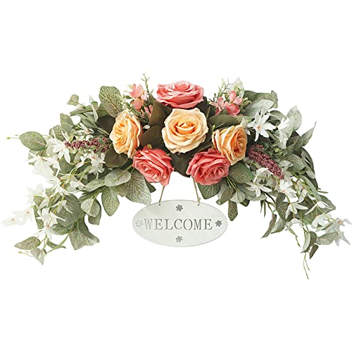 Artificial Peony Rose Flower Swag with Welcome Sign, 30in Hanging Arch Wreath Decorative Front Door Floral Swag with Peonies & Eucalyptus Leaves for Home Room Garden Lintel Wedding Party Decor(Orange)