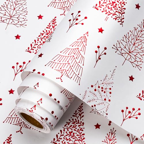 Homeral Christmas Wrapping Paper Roll-46.8 sq.ft.(17in x 33ft) Embossing White with Red Foil Christmas Tree for Winter Holiday - Mini Roll