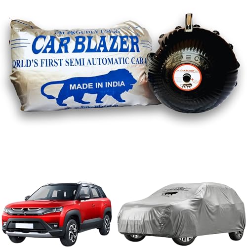 Image of CARBLAZER Portable & Semi-Automatic Full Body Car Covers: Heavy Duty Device| Anti-Theft| Dust & Scratch Proof | Water & Wind Resistant|Custom Fit| Dual-Side Cover, Compatible for Maruti Suzuki Brezza