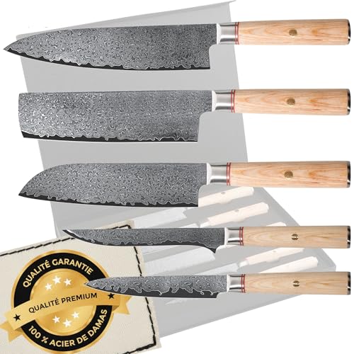 Cassary Set de couteaux de cuisine professionnel en acier damas. Couteau japonais professionnel idéal pour tout chef. Set de couteaux en acier damas...