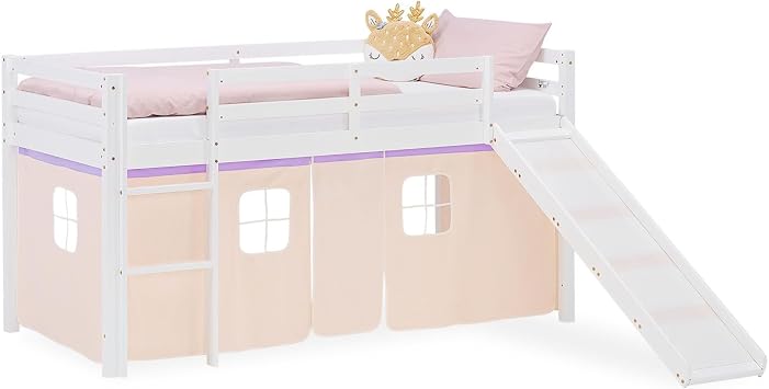 Homestyle4u Cabin Bed 90 x 200 cm with Slide White Solid Pine Wood