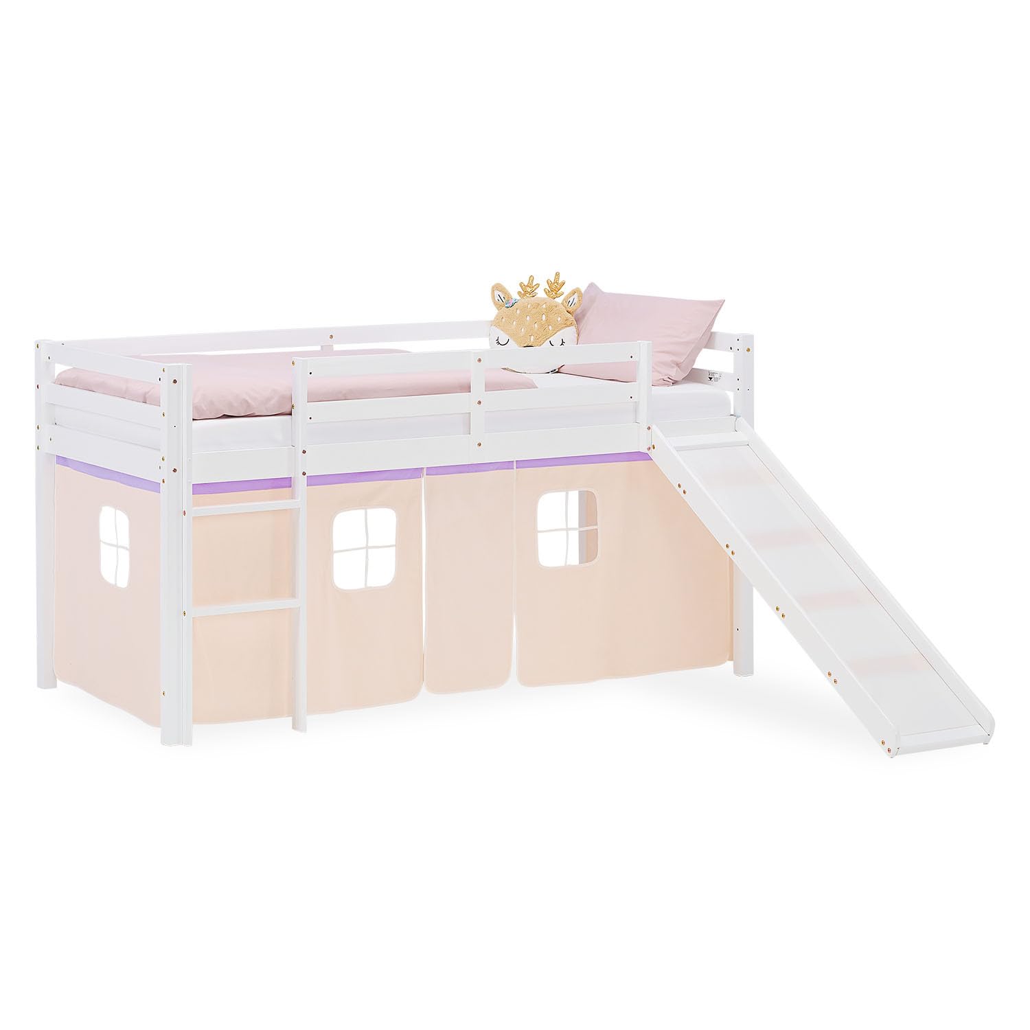 Homestyle4u Lit mezzanine avec toboggan - 90 x 200 cm - Blanc - Pour fille - En pin massif - Avec rideau - Violet et beige - Échelle et protection contre les chutes