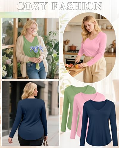 Ficerd 3 Pack Women's Plus Size T-Shirts, V Neck Long Sleeve Blouse Shirts Loose Fit Curved Hem Tees Casual Swing Tunic Tops2