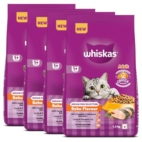 Image of Whiskas Adult (1+ Years) Dry Cat Food, Rohu Fish Flavour, 1.2 kg, Powered with 40 Essential Nutrients, Complete & Balanced Nutrition for Adult Cats (Pack of 4)