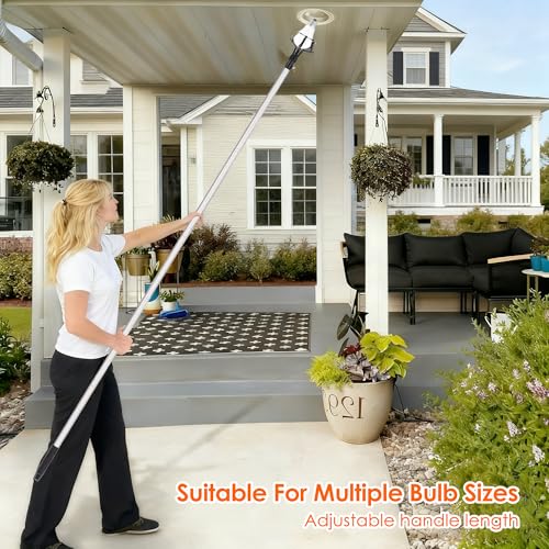 DwelSpire 12FT Pole Light Bulb Changer for High Ceilings - Snap-On Pole Connection, Sturdy & Durable, Easy to Assemble - with 8-Finger Cage & Suction Cup - Fits Standard/Medium/Large LED Bulbs