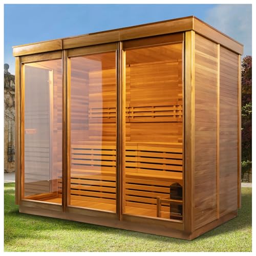AMOCANE Outdoor 4-8 Person Steam Sauna, Canadian Red Cedar Sauna Room for Home, 9KW Heater 220V/195℉, Traditional Wooden Saunas Spa Heater with Rocks, Towel Rack (106.3L*62.9W*86.6H)