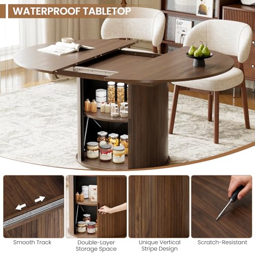 Image of MALOL 47 inch-63 inch Extendable Round to Oval Dining Room Table Chairs Set for 4-8, Modern Wooden Kitchen Table and Chairs with Hidden Storage and Fluted Design for Dining Room /Small Space(Walnut and Beige)