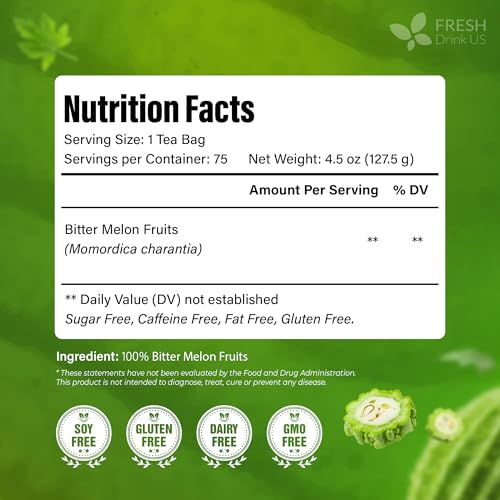 Image of FreshDrinkUS, Premium 75 Bitter Melon Tea Bags, 100% Natural & Pure, Herbal Tea, Daily Infusion Botanical, No Sugar, No Caffeine, No Gluten, Vegan. Rich in Antioxidants