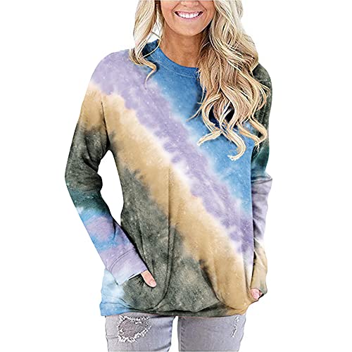 Mayntop Women Sweatshirt Tie-Dye Gradient Color Swirl Striped Graffiti Ombre Crew Neck Pocket Long Sleeve Loose Tops Blouse(B Blue,S)
