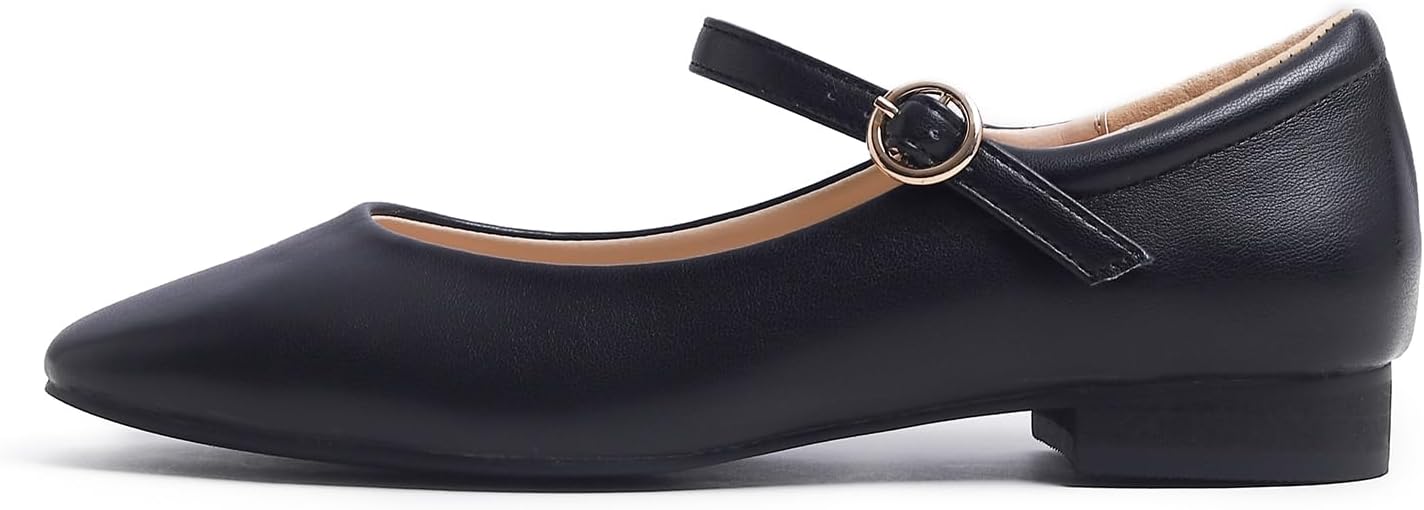 FEVERSOLE Women's Mary Jane Fashion Square Toe Padded Ankle Low Heel Slip On Flats