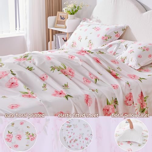 Image of Cozyholy Queen Sheet Set White Pink Floral Bed Sheets Set Cute Soft Microfiber Cooling Sheets 4 Pieces Queen Size Bed Set Wrinkle Free, 15 inch Deep Pocket Fitted Sheet, Flat Sheet, Pillowcases