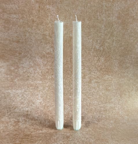 PAMELIFE White(Alabaster Pearl) Tall Decorative Taper Candles, 2 Pack 10 Inch Rustic Vintage Styles, Unscented Dripless Textured Decors for Thanksgiving Table Centerpiece Decor and Home Styling