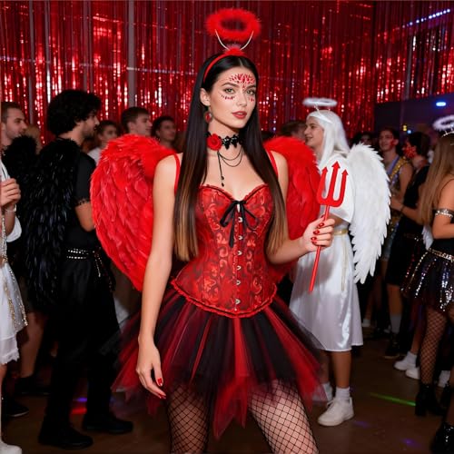 Teufel Kostüm Damen Rot, Rot Engel Kostüm Frau mit Korsett Tüllrock Teufel Flügel Teufelshörner, Engel und Teufel Kostüm Teufelskostüm Faschingskostüme Karneval Kostüm Damen für Fasching Halloween – Bild 3