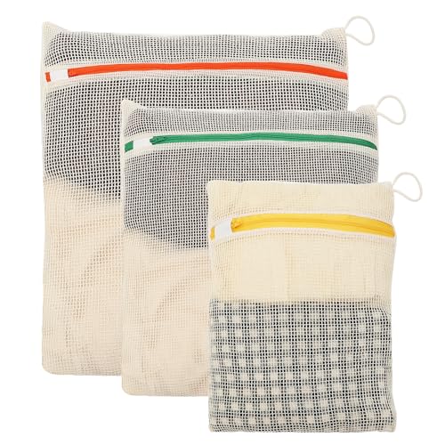 Wäschebeutel aus Baumwolle, 3er-Set, Wäschenetz mit Reißverschluss, 30x20/40x30/50x40 cm, Wäschesack zum Aufhängen, Wäschenetz für Waschmaschine, Netzbeutel für Reise, Organizer