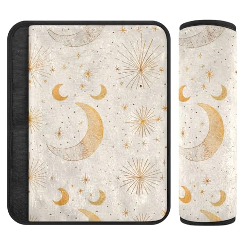 Gold Moon Star Sparkling - Paquete de 2 cojines de correa de hombro para cinturón de seguridad, conducción más cómoda, fundas de cinturón de seguridad para avión, sedán, avión, 10 x 7.7 pulgadas