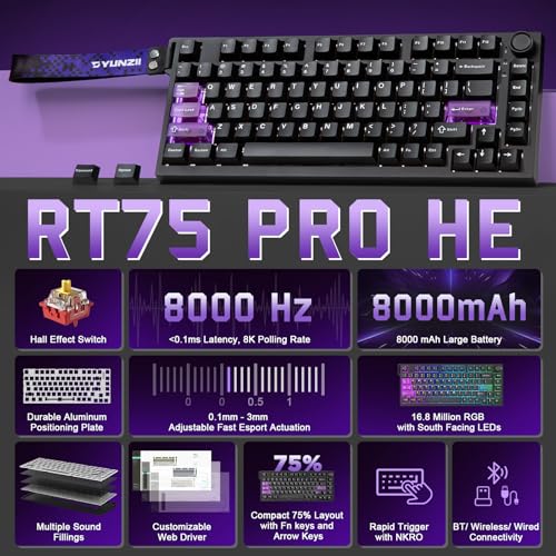 Image of YUNZII RT75 PRO Wireless Gaming Keyboard,Hall Effect Mechanical Rapid Trigger Magnetic Keyboard Bluetooth /USB-C /2.4G Dual 8KHz Polling Rate &128K Scan,RGB Backlit,TGL /SOCD /DKS /MT (Black,Red Switch)