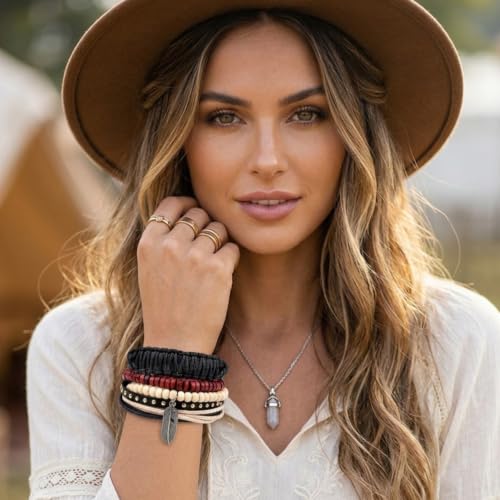 Image of Young & Forever Multi-Layer Leather Bracelet for Men | Adjustable Handmade Wrap Bracelet with Beads, Anchor, Evil Eye, Feather & Boho Charms | Vintage Punk Casual Wristband Gift for Men & Boys