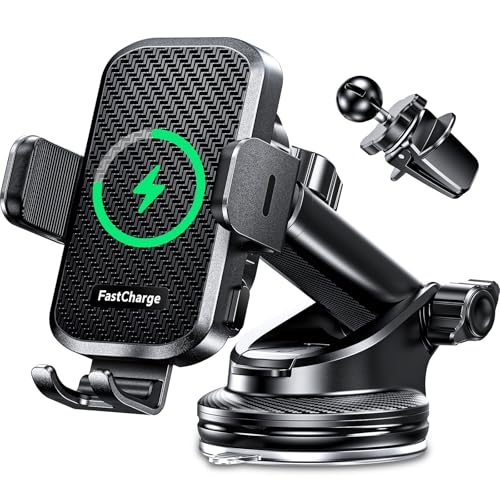 CHGeek Wireless Car Charger with Phone Holder Mount, 15W Fast Charging Auto Clamping Phone Holders for You Car Windshield Dashboard Air Vent Accessories for iPhone, Samsung Galaxy, Google, etc