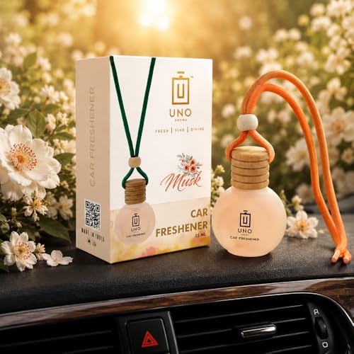 Image of UNO AROMA Musk Car Air Freshener, 15ml, Long Lasting Hanging car perfume, Toxin-Free Oil in Glass Bottle with Wooden Diffuser, Car Accessories for fresh aroma, Last Upto-60 Days