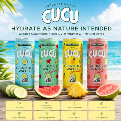 Image of CUCU Pressed Cucumber Water Variety Pack - Real Juice from Fresh Cucumbers, Watermelon, Guava & Pineapple, with Vitamin C, Electrolytes, Antioxidants - No Sugar Added, Non-GMO - 11 fl oz Cans, 12 Pack